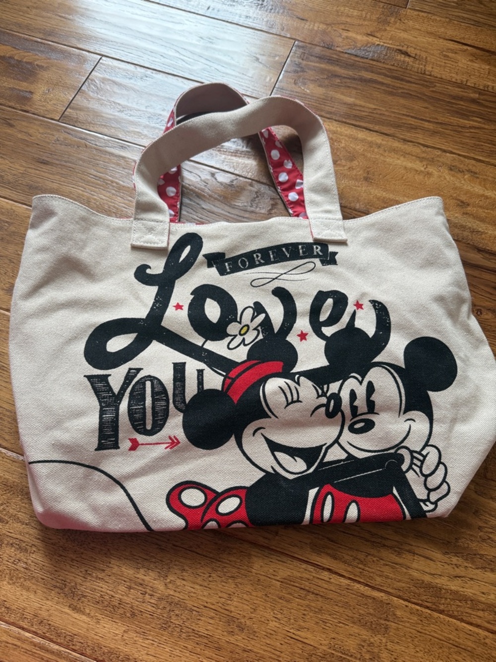 Disney Canvas Tote Bag in Cream with Black & Red Minnie & Mickey Design